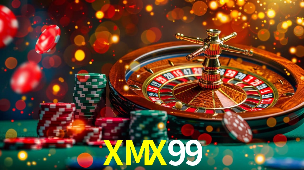 Una escena digital vívida inspirada en casino con XMX99 mostrado prominentemente, luces brillantes, fichas, cartas y acentos dorados.